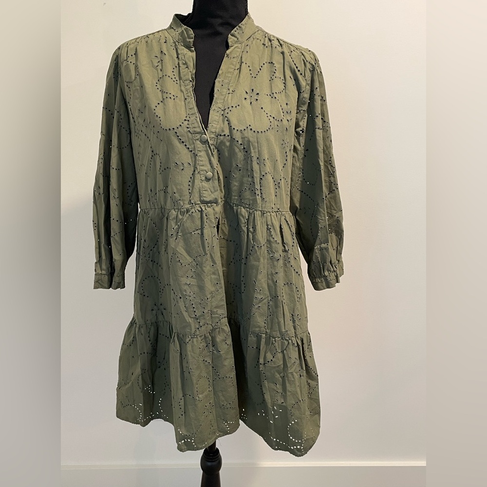 ZARA Mini Dress W/‎ Cutwork Embroidery Button-Up Front Dark Olive Size L